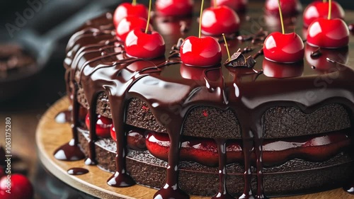 A chocolate cake with cherry filling and chocolate ganache is ready to be enjoyed