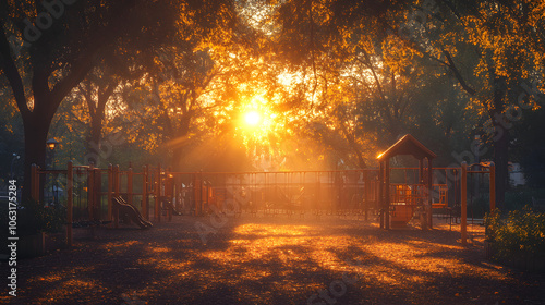 A Playground with Swings and Slides Bathed in the Warm Colors of Sunset, Creating a Serene and Nostalgic Atmosphere 