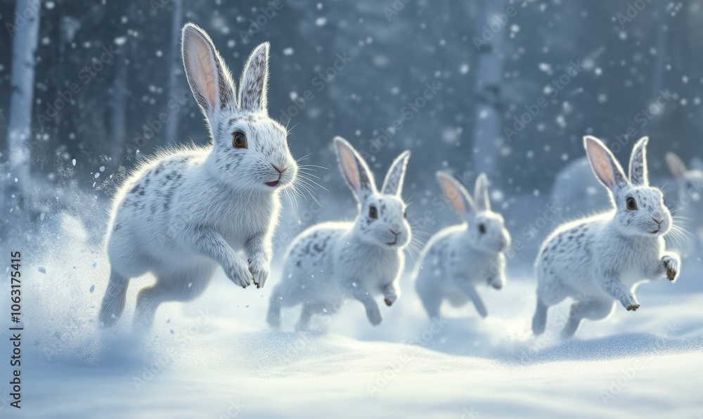 Fototapeta premium White rabbits leaping through snowy forest.