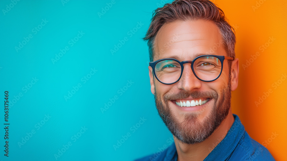 A smiling man with glasses in a vibrant blue and orange background during daylight hours A smiling man with glasses in a vibrant blue and orange background during daylight hours