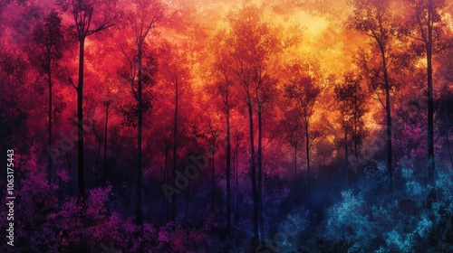 A psychedelic spring forest with trees whose leaves change color as they sway in the wind, ranging from glowing red to deep, shimmering purple