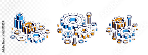 Invention renovation and development concept, gears and cogs composition isometric 3D vector illustration, technology theme, machinery and engine creation.