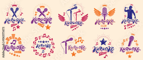 Karaoke party or club logos and emblems vector set isolated, singing music nightlife entertainment weekend theme, microphones and musical notes compositions.