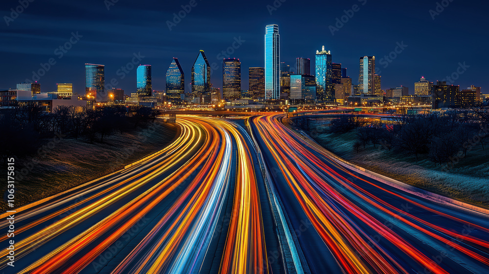 Fototapeta premium Busy city highway with light streaks at night