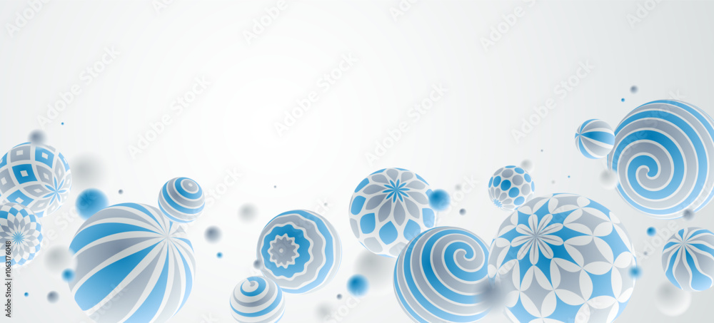 Abstract spheres vector background, composition of flying balls decorated with patterns, 3D mixed variety realistic globes with ornaments, with blank copy space. Abstract spheres vector background, composition of flying balls decorated with patterns, 3D mixed variety realistic globes with ornaments, with blank copy space.