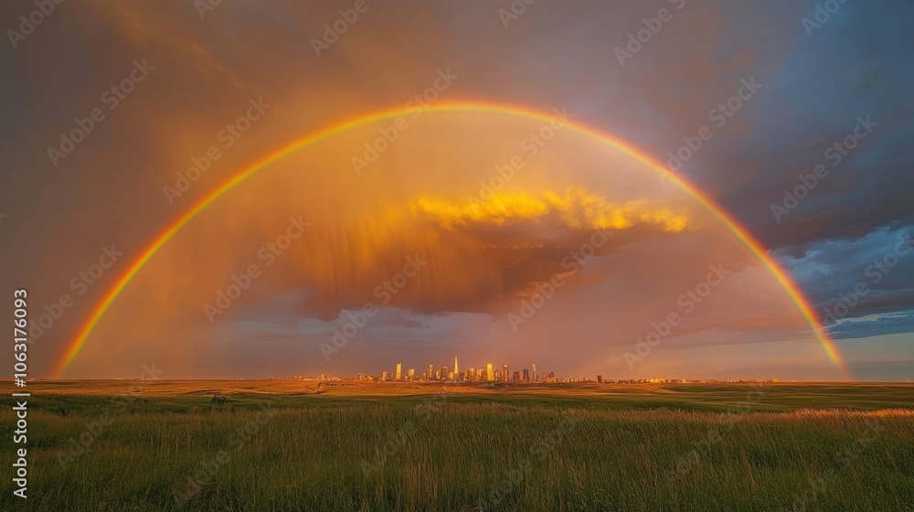 A rainbow cuts through the storm clouds over a vibrant city skyline glowing in the distance A rainbow cuts through the storm clouds over a vibrant city skyline glowing in the distance