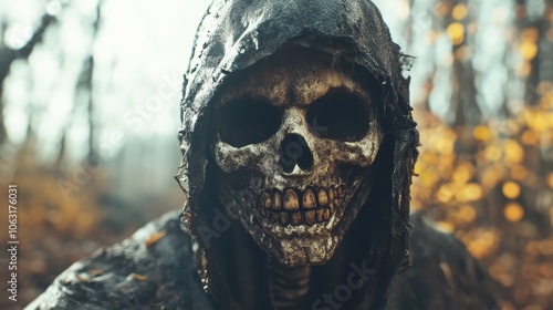 A sinister skull figure wearing a hooded cloak stands in an eerie autumn forest, creating a chilling and mysterious atmosphere perfect for Halloween themes.