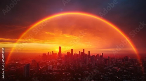 A rainbow arches over a city skyline as the sun sets, casting golden light across the horizon photo