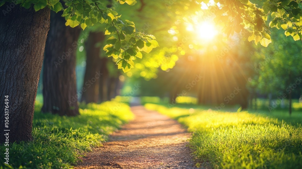 Naklejka premium A row of trees with fresh green leaves lining a park path, sunlight filtering through the spring foliage