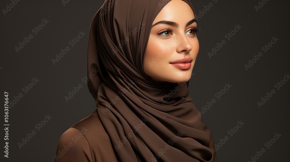 Beautiful young woman in hijab looking away with a gentle smile. Beautiful young woman in hijab looking away with a gentle smile.