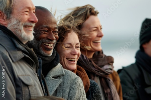 Group of senior friends laughing and having fun outdoors on a winter day