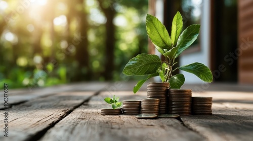 Coins are stacked in varying heights with a healthy green plant growing on them, symbolizing wealth growth and prosperity on a rustic wooden surface.