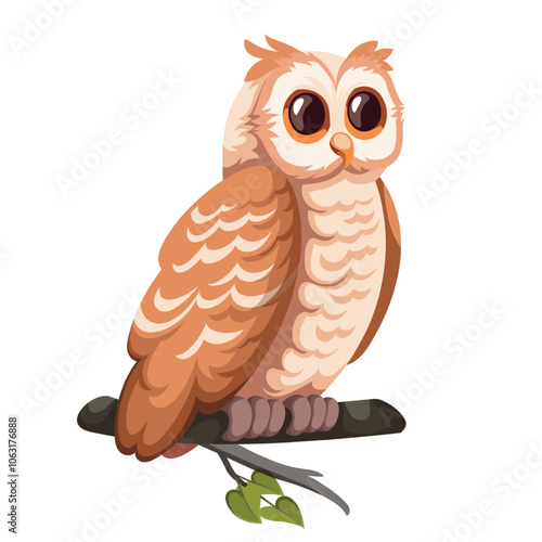 Cute cartoon brown owl on summer tree branch with green leaf. Funny cheerful baby forest bird sitting and watching. Ornithology, nature mascot, cartoon tawny owl of woodland vector illustration