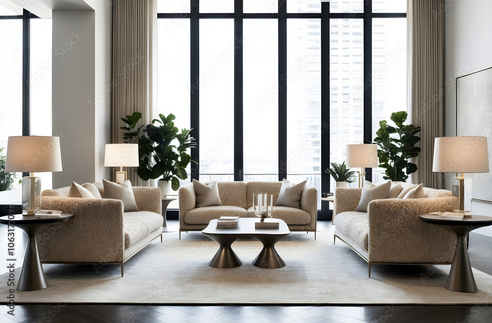 Fototapeta premium Modern luxurious living room interior with stylish boucle furniture and boucle sofa and large window