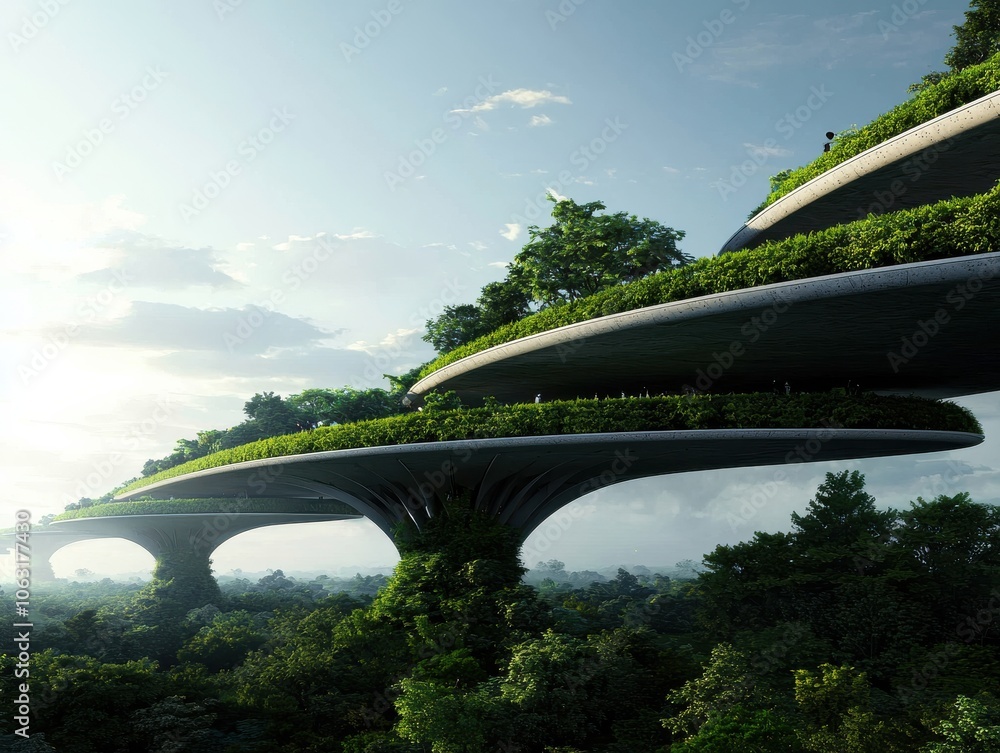 Fototapeta premium A futuristic structure integrates greenery on multi-leveled platforms, surrounded by trees and a serene sky, symbolizing harmony between nature and architecture.