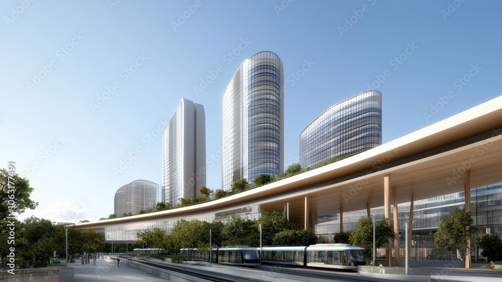 A modern urban landscape featuring sleek skyscrapers, a train station, and greenery under a clear blue sky. A modern urban landscape featuring sleek skyscrapers, a train station, and greenery under a clear blue sky.