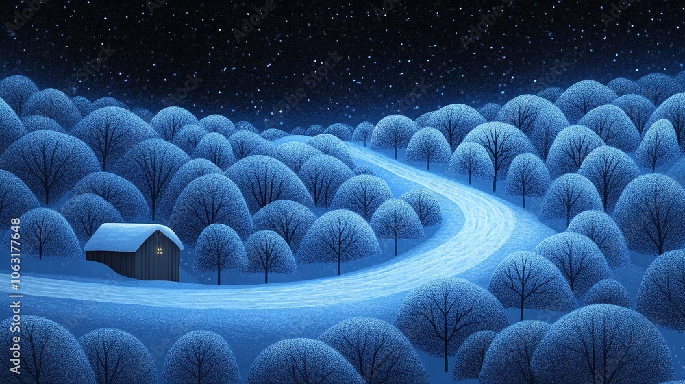Obraz premium Snowy Landscape with Winding Path and Peaceful Cabin