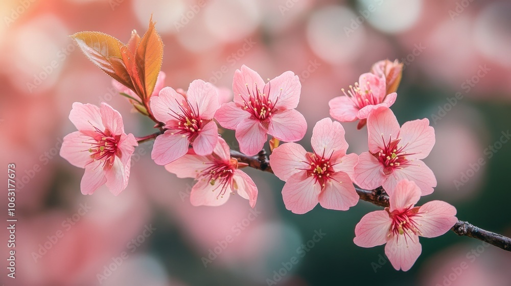 A single cherry blossom branch with soft pink flowers against a blurred background of greenery A single cherry blossom branch with soft pink flowers against a blurred background of greenery