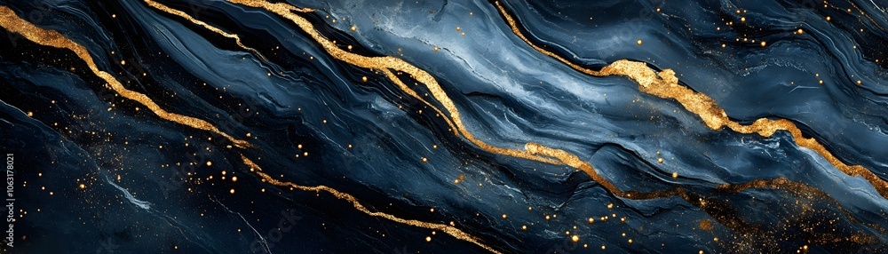 Abstract Blue and Gold Swirls with Glittering Gold Particles Abstract Blue and Gold Swirls with Glittering Gold Particles