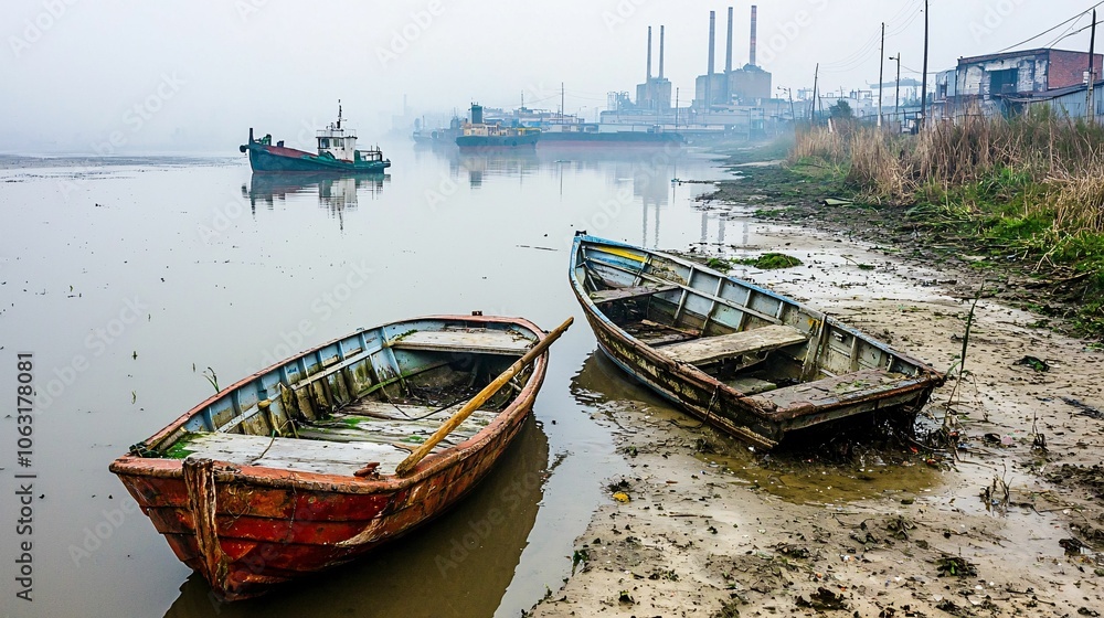 Obraz premium Two abandoned boats sit by a foggy riverbank, reflecting an industrial backdrop, evoking a sense of tranquility amidst urban decay.