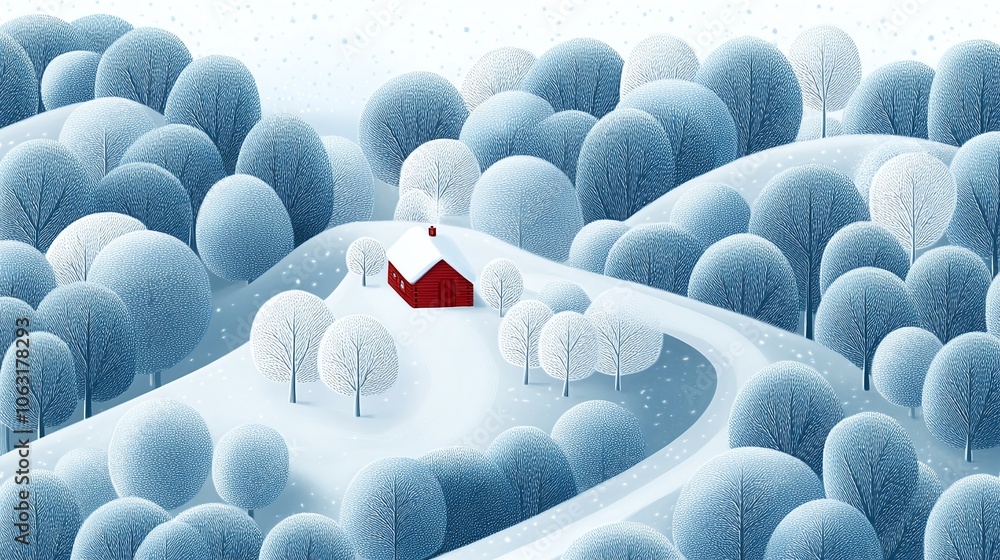 Snowy Winter Landscape with Cozy Red Cabin Snowy Winter Landscape with Cozy Red Cabin