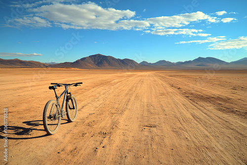 Wallpaper Mural A lone bicycle in a vast desert landscape with distant mountains, a clear blue sky, and scattered white clouds  
 Torontodigital.ca