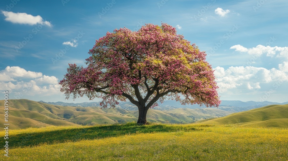 A single tree with colorful blossoms blooming against a backdrop of rolling hills and blue sky A single tree with colorful blossoms blooming against a backdrop of rolling hills and blue sky