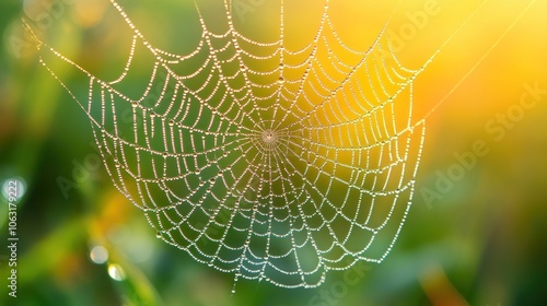 A spider web in a spring meadow, covered in tiny dew droplets reflecting the early morning light