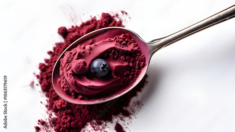 A spoon delicately scooping Açaí Berry Powder, isolated against a white surface A spoon delicately scooping Açaí Berry Powder, isolated against a white surface