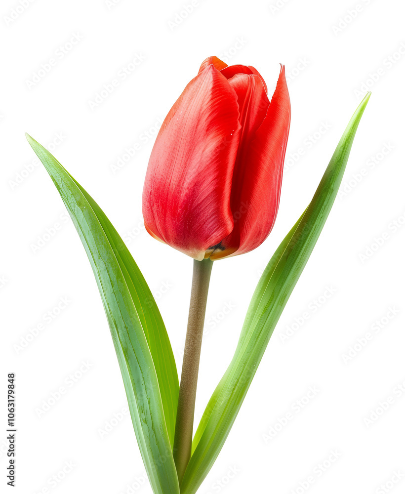 Red tulip bud with green leaves isolated on transparent Red tulip bud with green leaves isolated on transparent