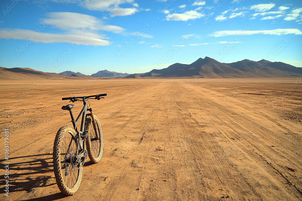 A mountain bike stands on a vast flat desert under a clear blue sky with distant mountains in the background
A mountain bike stands on a vast flat desert under a clear blue sky with distant mountains in the background