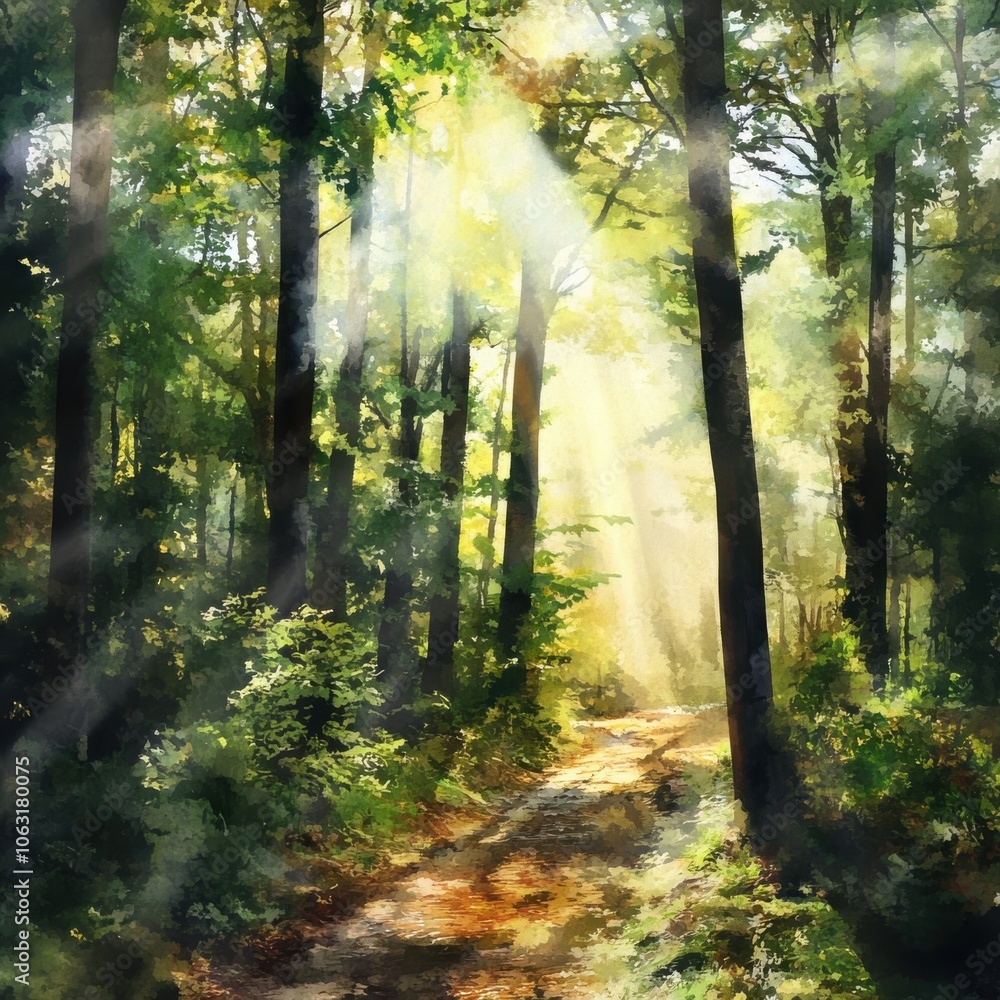 Obraz premium Sunlight filtering through trees in a vibrant forest landscape