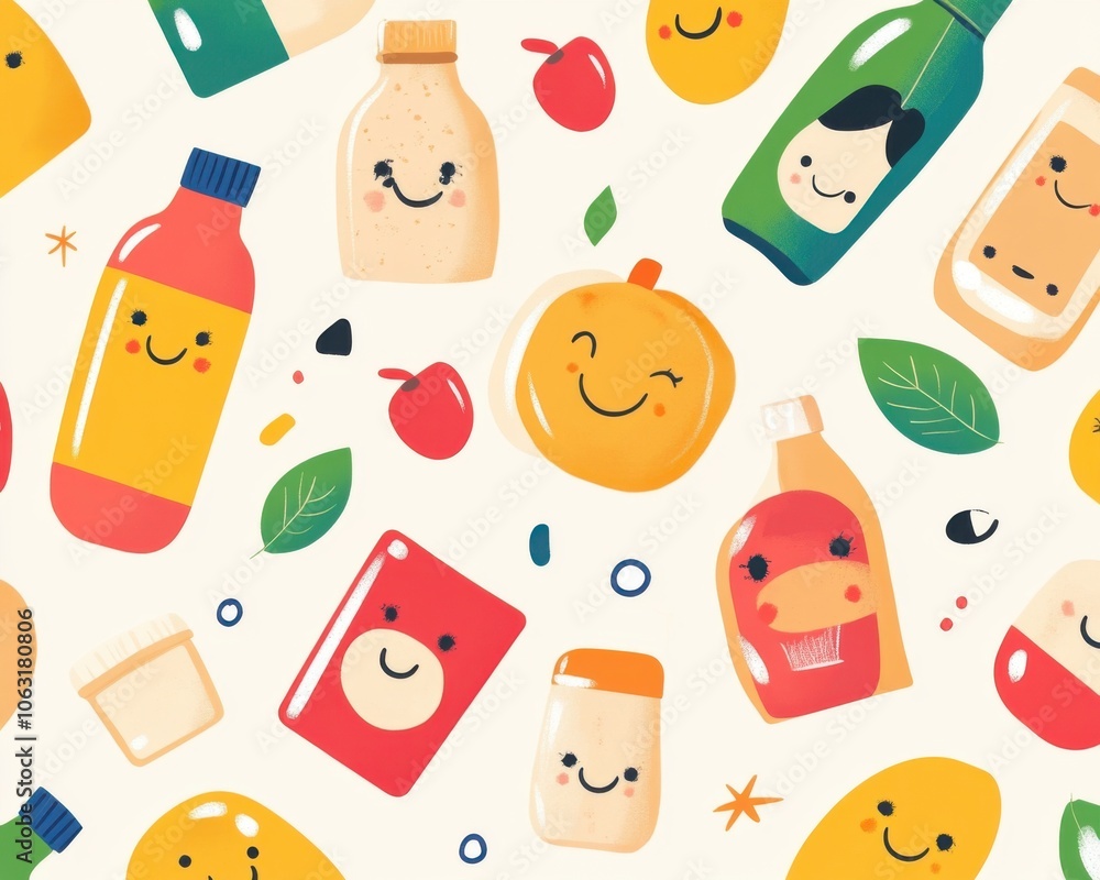 Playful pattern featuring illustrated products with cheerful faces, creating a whimsical and friendly vibe Playful pattern featuring illustrated products with cheerful faces, creating a whimsical and friendly vibe