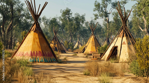 W panoramie wioski rdzennych Amerykanów widać grupę namiotów tipi, które majestatycznie stoją na tle rozległego, zielonego krajobrazu.
 photo