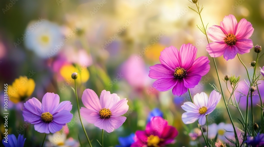 A tranquil meadow of wildflowers in bloom, with delicate pink, purple, and yellow flowers standing tall in the fresh spring air A tranquil meadow of wildflowers in bloom, with delicate pink, purple, and yellow flowers standing tall in the fresh spring air