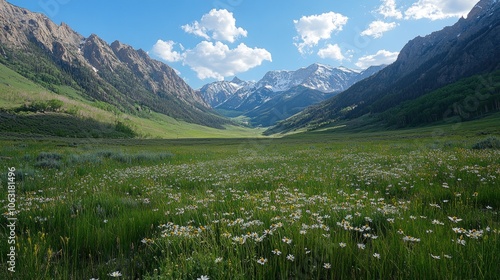 A tranquil mountain valley in spring, with fresh green grass and small wildflowers covering the ground, and snow-capped peaks in the distance