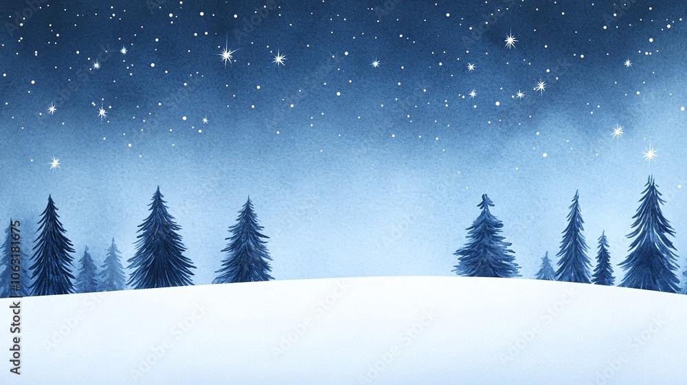 Winter Landscape with Snowy Trees and Starry Sky Winter Landscape with Snowy Trees and Starry Sky