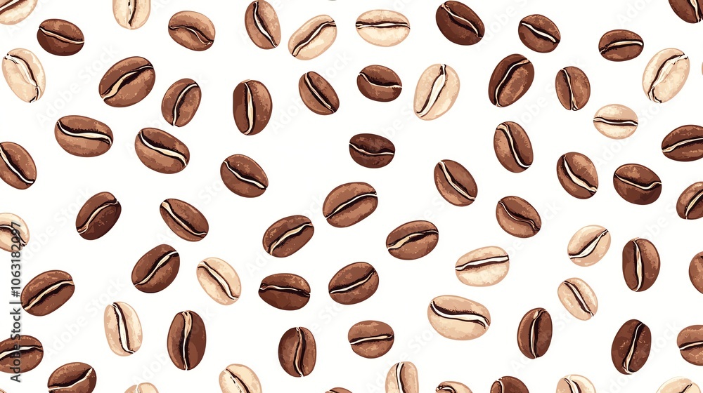 Fototapeta premium A seamless pattern of coffee beans in various shades of brown against a white background.