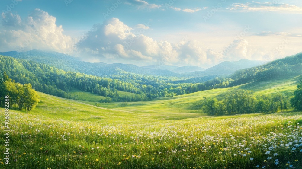 A vast spring meadow glowing in the morning light, with dewdrops sparkling on the fresh grass and wildflowers blooming A vast spring meadow glowing in the morning light, with dewdrops sparkling on the fresh grass and wildflowers blooming