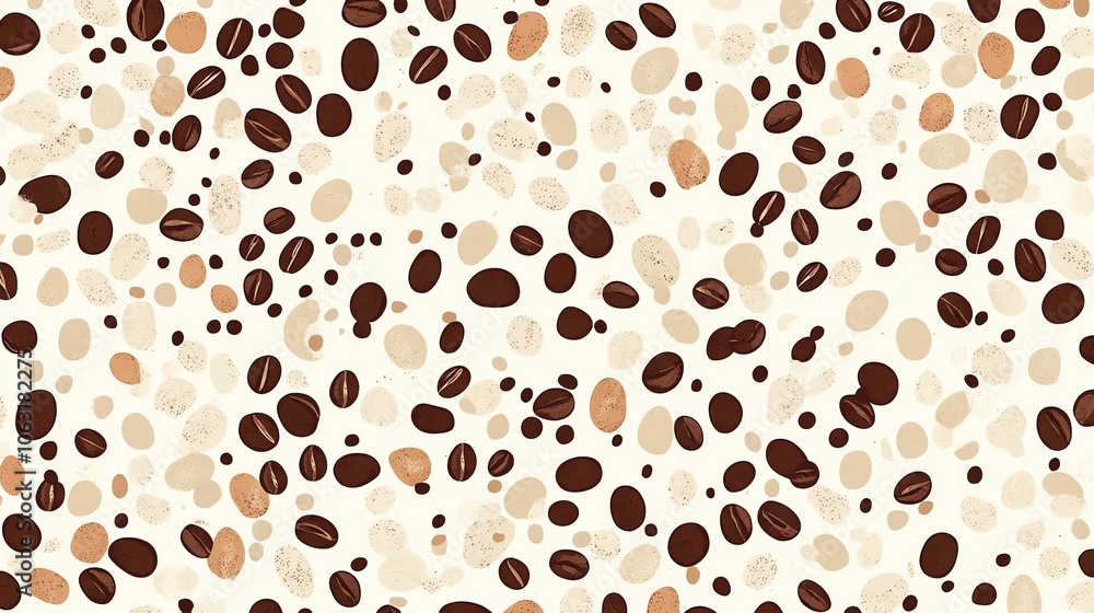 A seamless pattern of coffee beans in various shades of brown against a white background. A seamless pattern of coffee beans in various shades of brown against a white background.