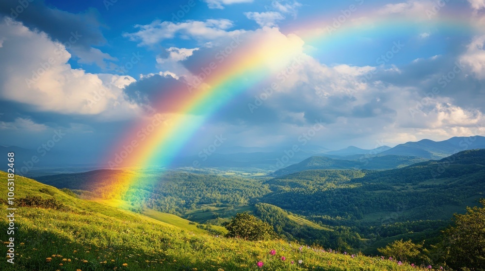 A vibrant rainbow arches across a dramatic sky over a serene landscape with rolling hills A vibrant rainbow arches across a dramatic sky over a serene landscape with rolling hills