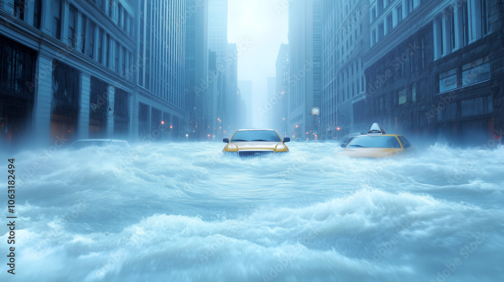 Severe flooding engulfs city streets with yellow taxis partially submerged during a storm Severe flooding engulfs city streets with yellow taxis partially submerged during a storm