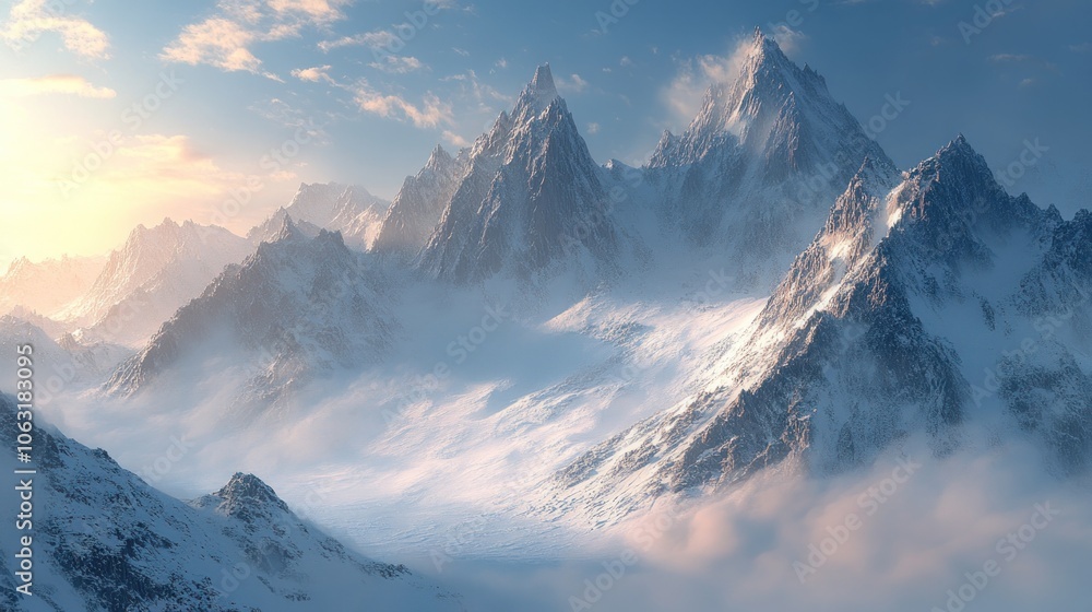 A winter mountain with tall snow-capped peaks towering over an icy valley, with a thin layer of fog in the distant sky. A winter mountain with tall snow-capped peaks towering over an icy valley, with a thin layer of fog in the distant sky.