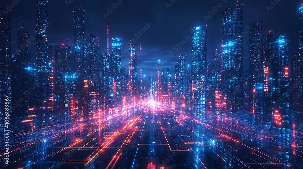 Digital cityscape with glowing lines and data background, Digital cityscape hologram background Digital cityscape with glowing lines and data background, Digital cityscape hologram background