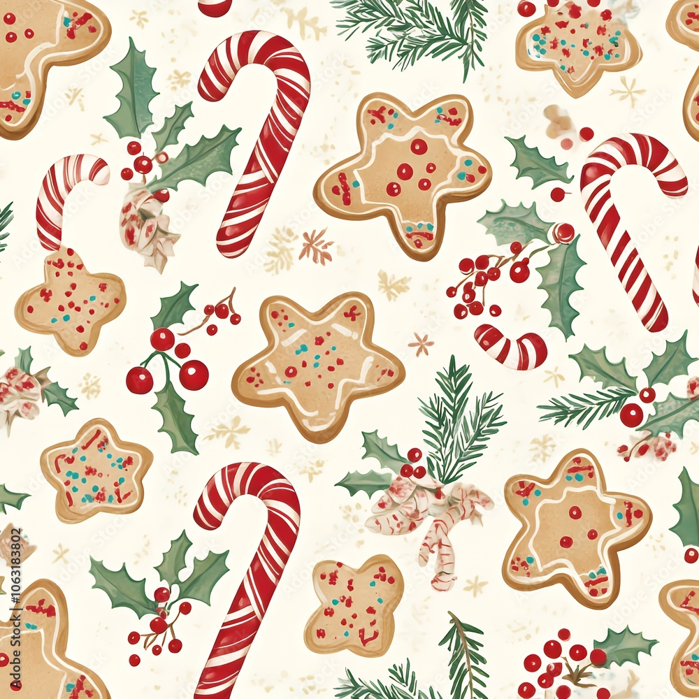 Fototapeta premium Seamless pattern of Christmas cookies, candy canes, holly, and snowflakes on a cream background.