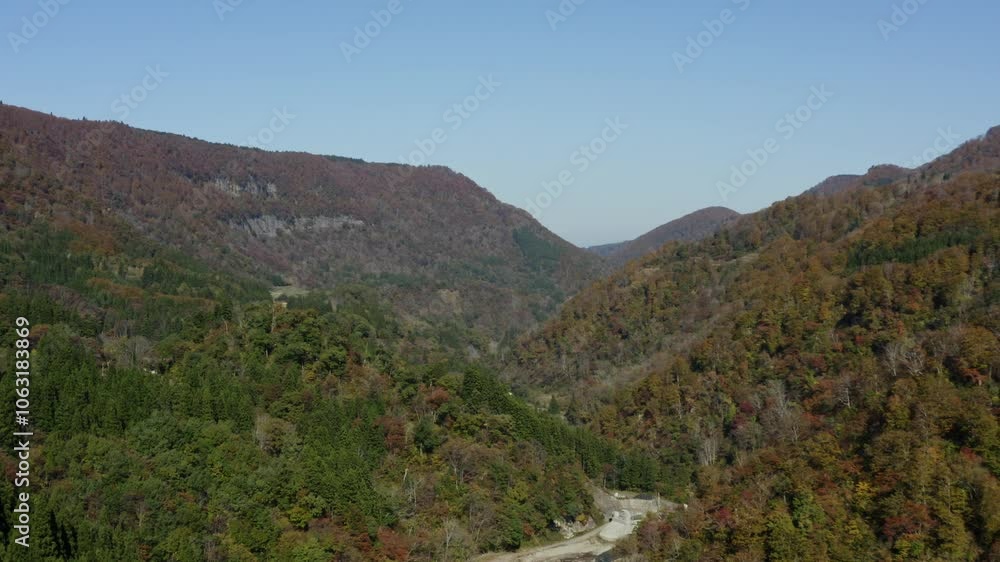 ドローン映像:雲一つない青空と、鮮やかに紅葉した山 ドローン映像:雲一つない青空と、鮮やかに紅葉した山