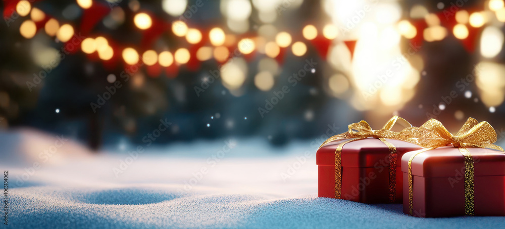 Red christmas gift boxes with golden ribbon in snowy winter scene Red christmas gift boxes with golden ribbon in snowy winter scene