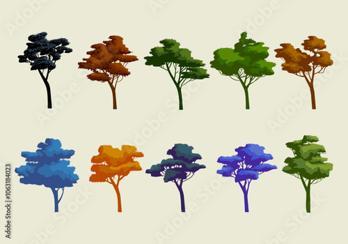 Set of deciduous and evergreen trees plants forest element vector illustration. Botanical and nature collection isolated on white background.