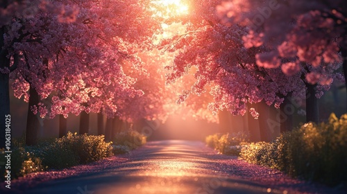 Blooming cherry blossoms lining a peaceful park path, with soft sunlight filtering through the branches