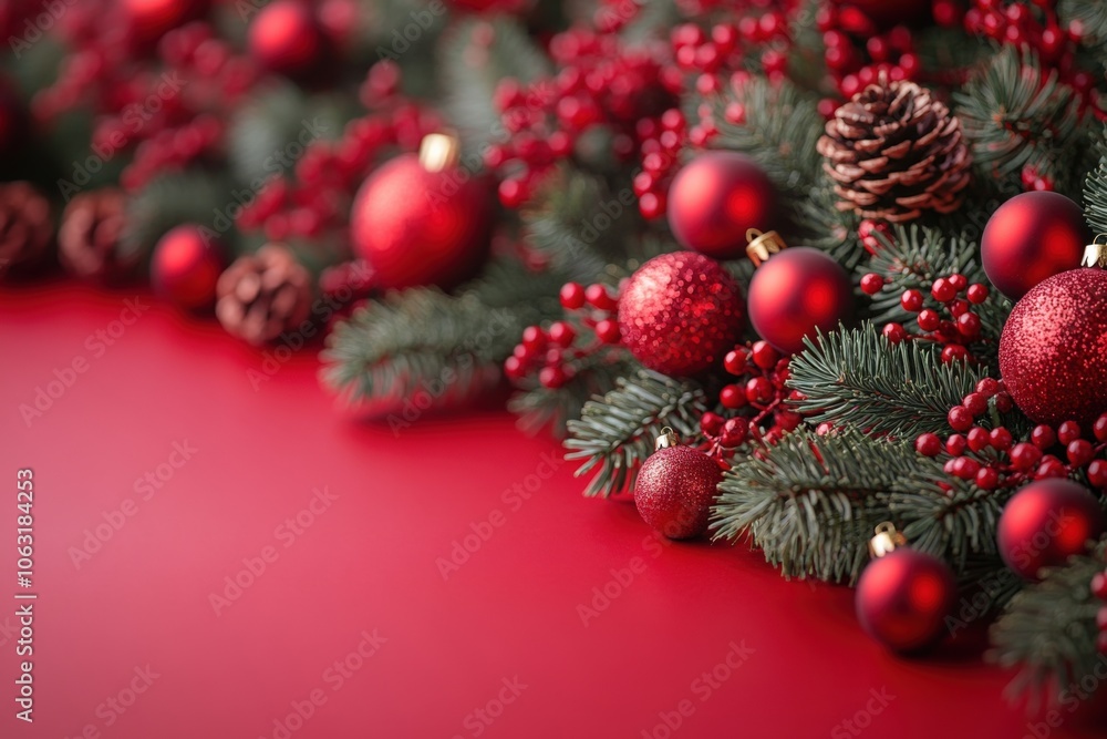 Christmas tree banner. Winter holiday theme. Red background. Free copy space. Christmas tree banner. Winter holiday theme. Red background. Free copy space.